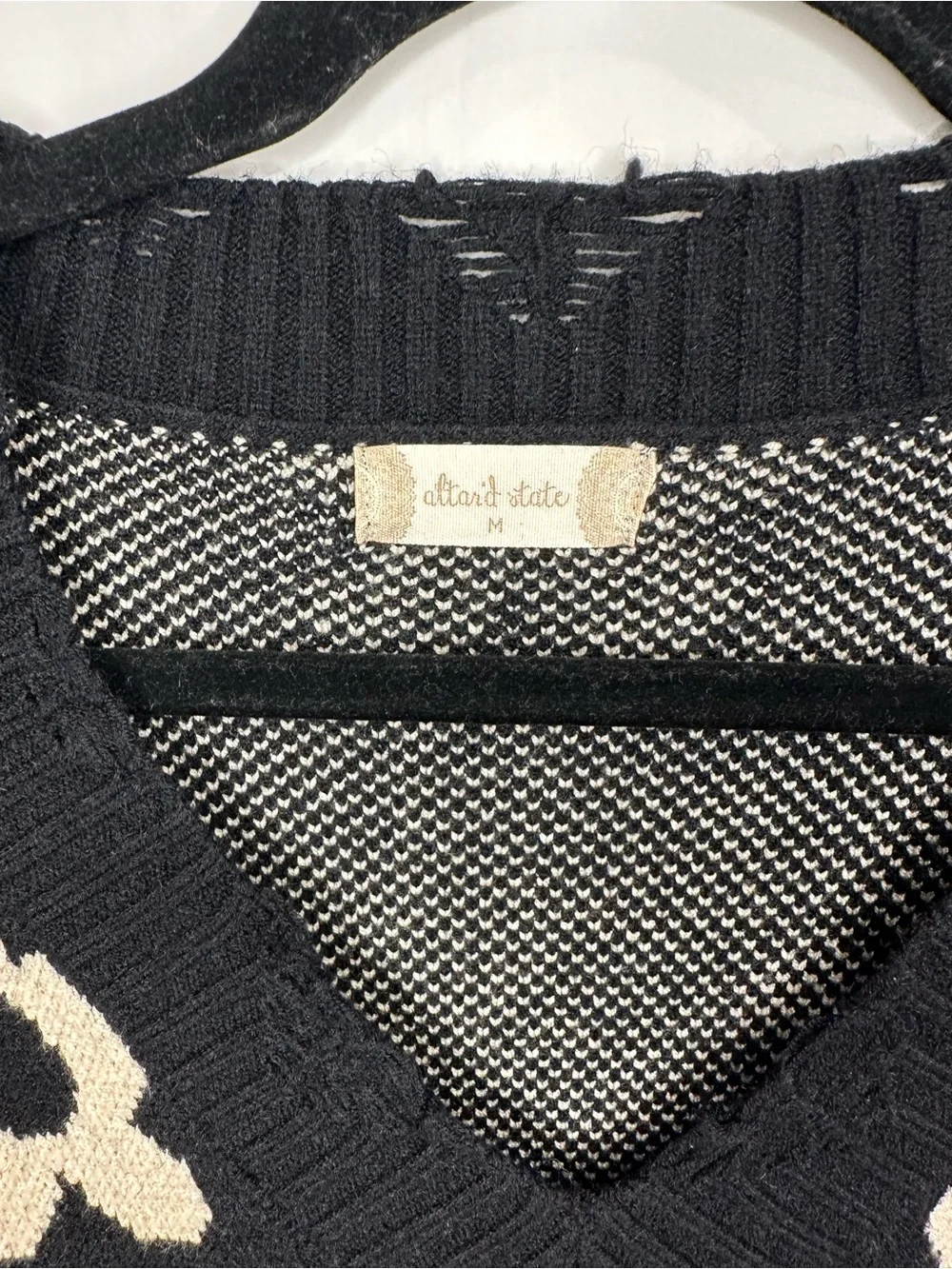 Altar'd State Black V-Neck Sweater with Cream Floral Motif